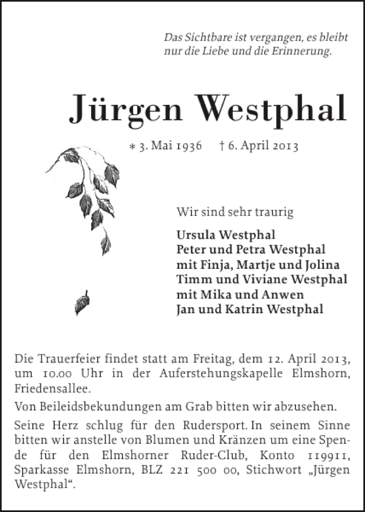 Traueranzeige für Jürgen Westphal vom 09.04.2013 aus Elmshorner Nachrichten