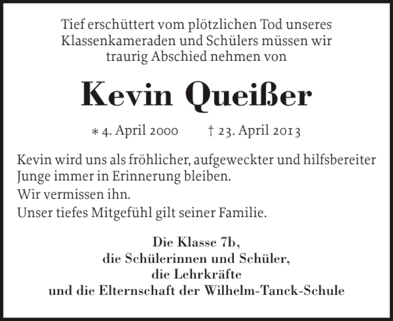  Traueranzeige für Kevin Queißer vom 27.04.2013 aus Holsteinischer Courier