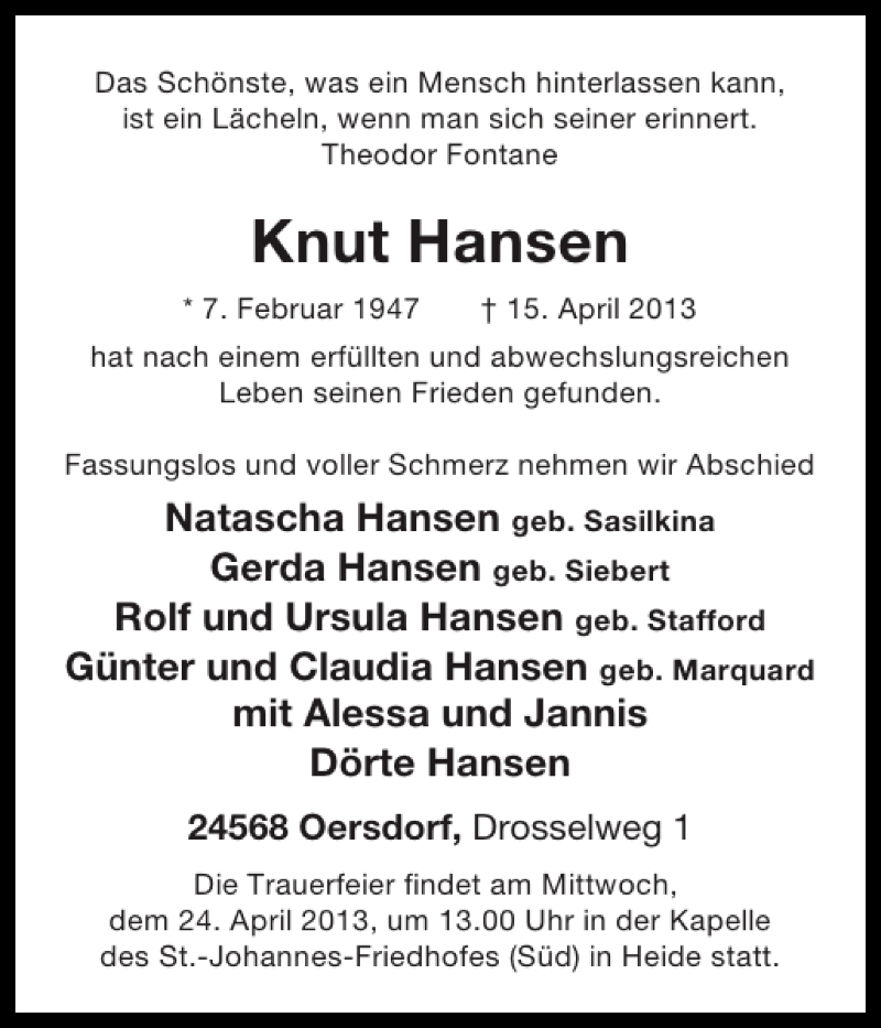  Traueranzeige für Knut Hansen vom 23.04.2013 aus Landeszeitung