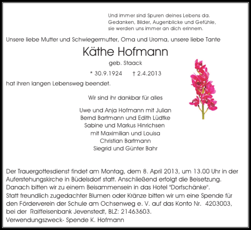  Traueranzeige für Käthe Hofmann vom 04.04.2013 aus Landeszeitung