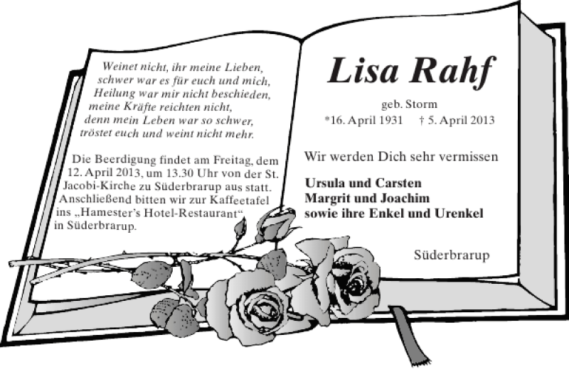  Traueranzeige für Lisa Rahf vom 10.04.2013 aus Schleswiger Nachrichten