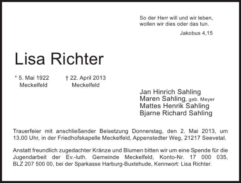  Traueranzeige für Lisa Richter vom 27.04.2013 aus Flensburger Tageblatt