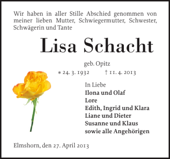 Traueranzeige von Lisa Schacht von Elmshorner Nachrichten
