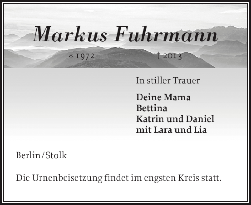  Traueranzeige für Markus Fuhrmann vom 20.04.2013 aus Schleswiger Nachrichten