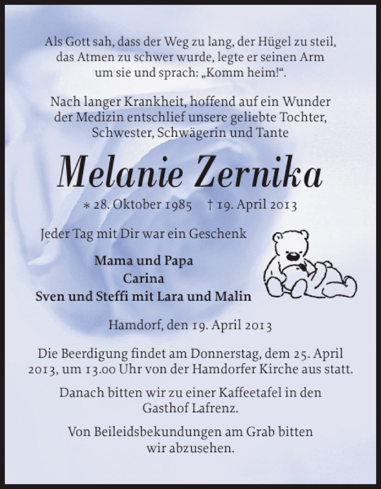  Traueranzeige für Melanie Zernika vom 22.04.2013 aus Landeszeitung