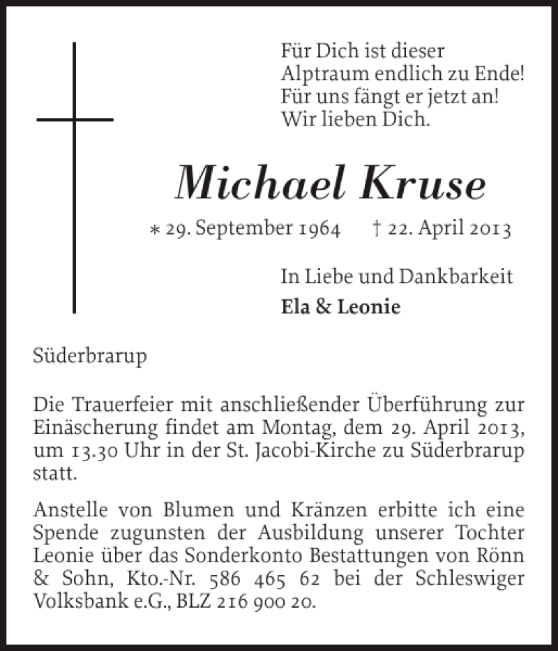  Traueranzeige für Michael Kruse vom 24.04.2013 aus Schleswiger Nachrichten
