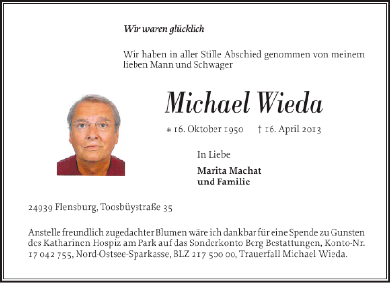  Traueranzeige für Michael Wieda vom 27.04.2013 aus Flensburger Tageblatt