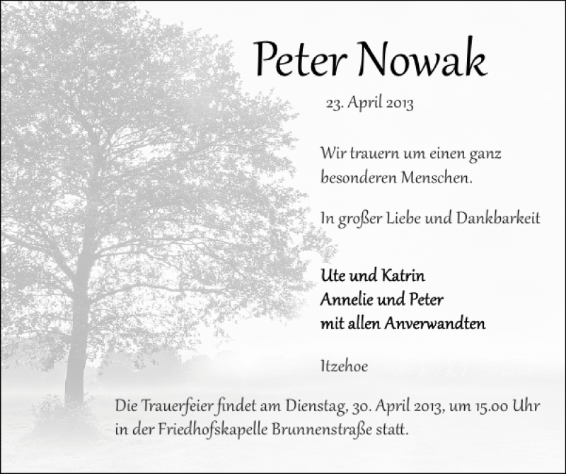  Traueranzeige für Peter Nowak vom 27.04.2013 aus Norddeutsche Rundschau