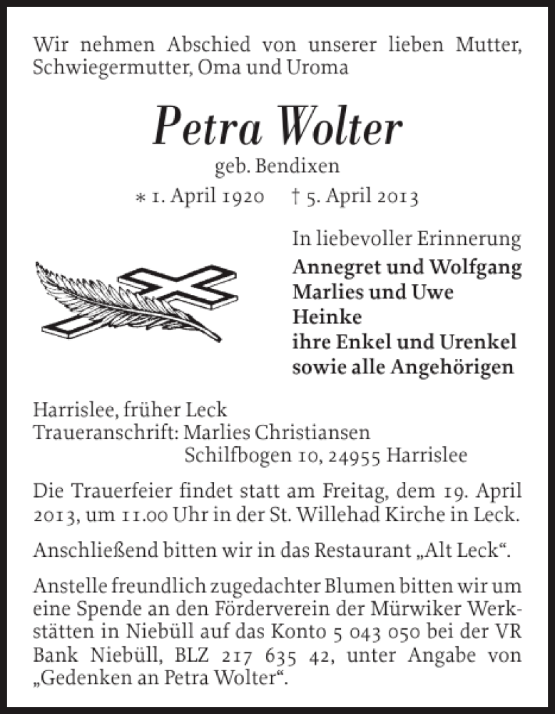  Traueranzeige für Petra Wolter vom 13.04.2013 aus Nordfriesland Tageblatt
