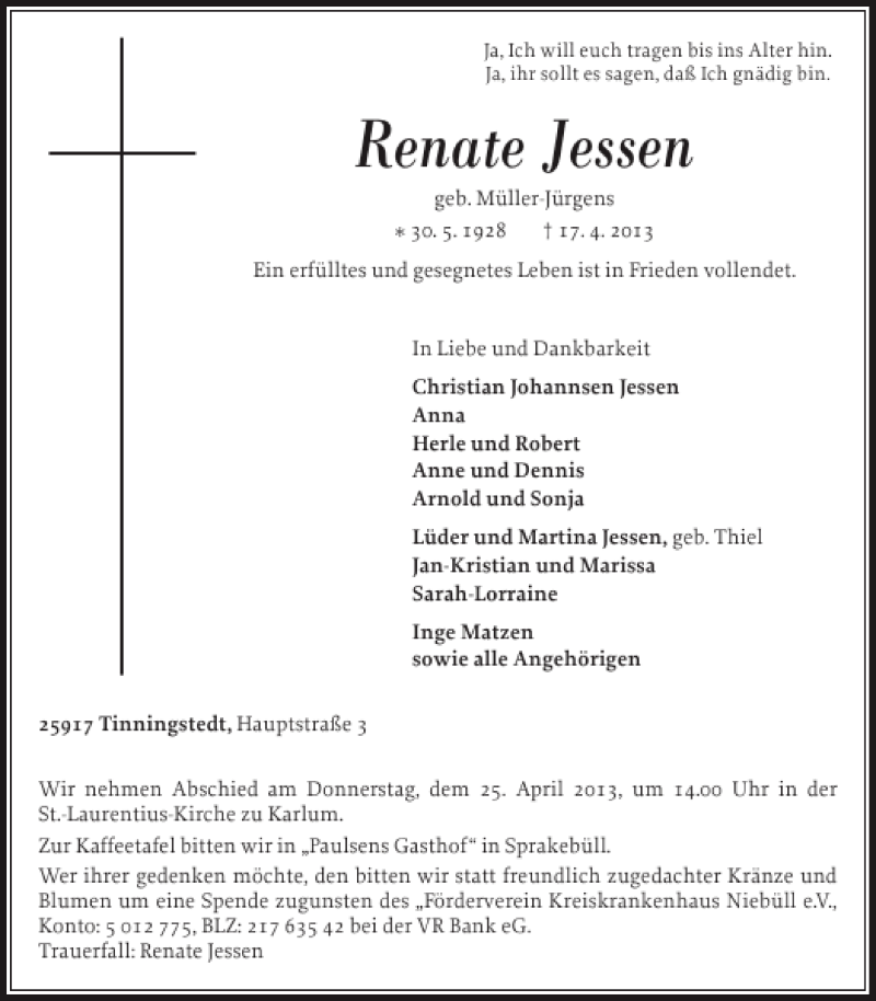  Traueranzeige für Renate Jessen vom 20.04.2013 aus Nordfriesland Tageblatt