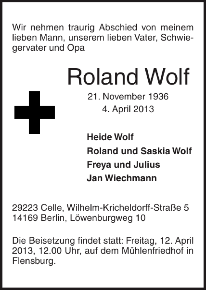 Traueranzeige für Roland Wolf vom 10.04.2013 aus Flensburger Tageblatt