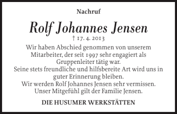 Traueranzeige von Rolf Johannes Jensen von Husumer Nachrichten