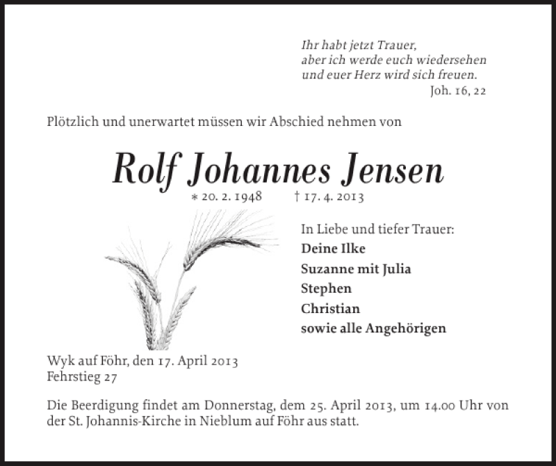  Traueranzeige für Rolf Johannes Jensen vom 23.04.2013 aus Der Insel-Bote