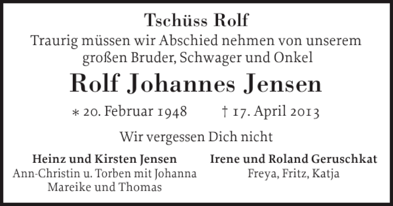  Traueranzeige für Rolf Johannes Jensen vom 23.04.2013 aus Flensburger Tageblatt