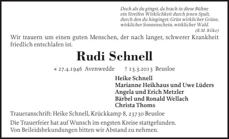  Traueranzeige für Rudi Schnell vom 06.04.2013 aus Ostholsteiner Anzeiger