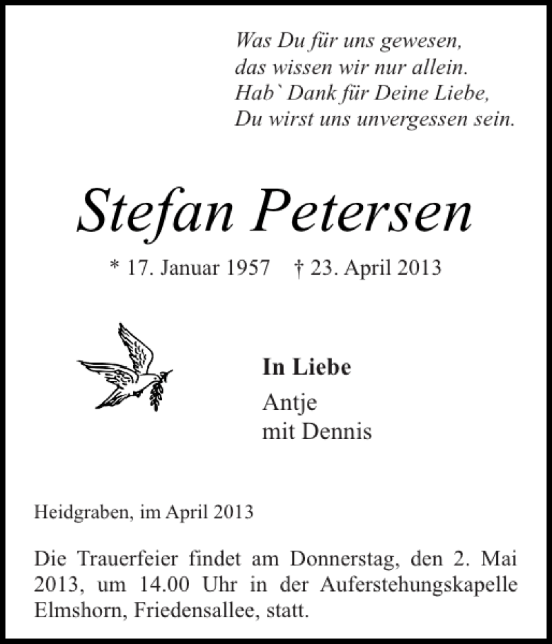  Traueranzeige für Stefan Petersen vom 27.04.2013 aus Elmshorner Nachrichten