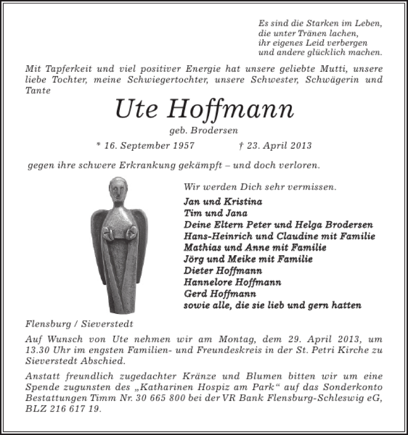  Traueranzeige für Ute Hoffmann vom 26.04.2013 aus Flensburger Tageblatt