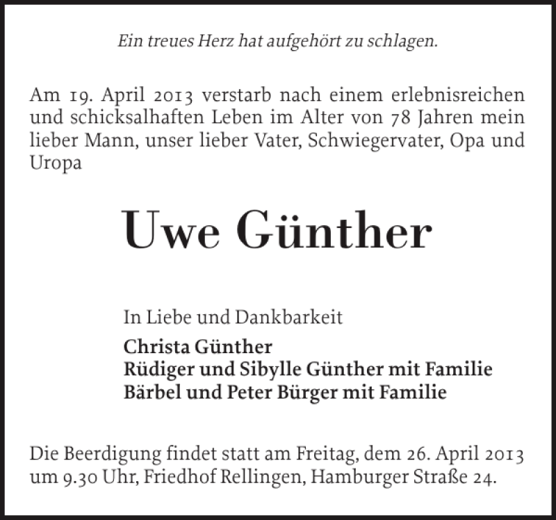  Traueranzeige für Uwe Günther vom 24.04.2013 aus Pinneberger Tageblatt