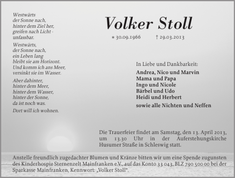  Traueranzeige für Volker Stoll vom 05.04.2013 aus Schleswiger Nachrichten