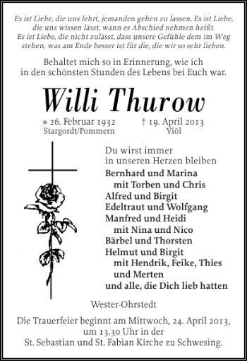 Traueranzeige von Willi Thurow von Husumer Nachrichten