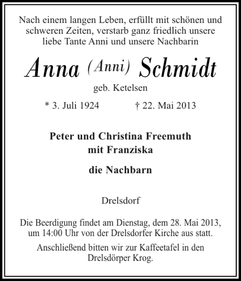  Traueranzeige für Anna Schmidt vom 25.05.2013 aus Husumer Nachrichten