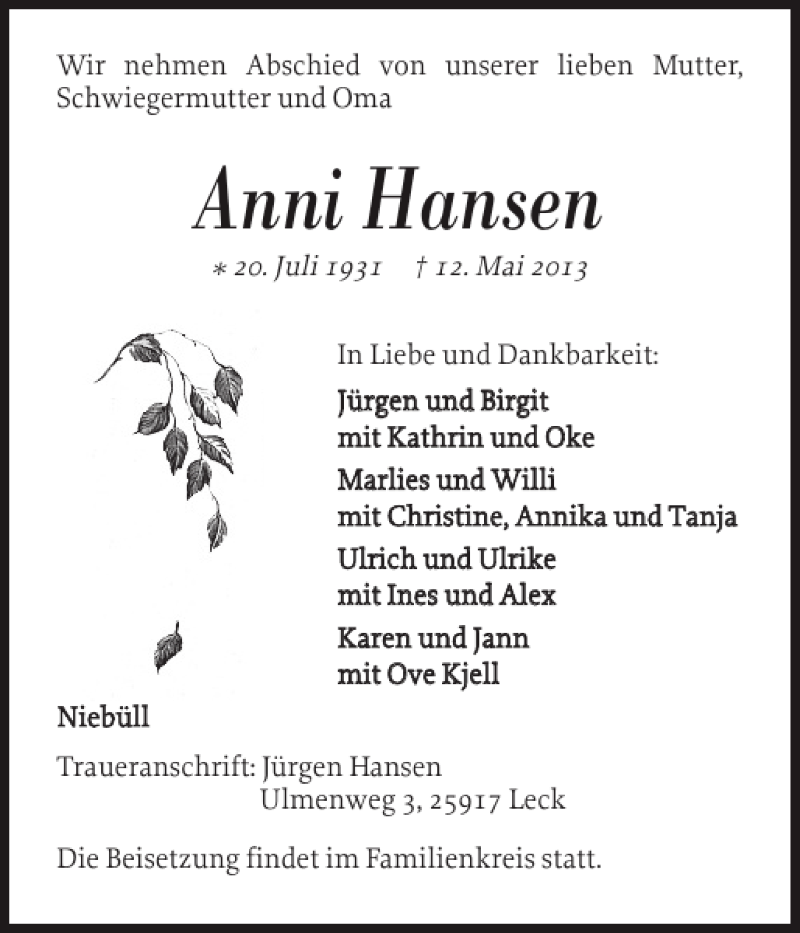  Traueranzeige für Anni Hansen vom 15.05.2013 aus Nordfriesland Tageblatt