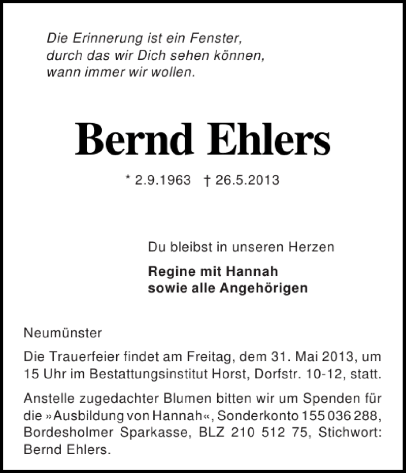  Traueranzeige für Bernd Ehlers vom 29.05.2013 aus Holsteinischer Courier