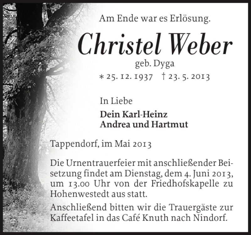  Traueranzeige für Christel Weber vom 28.05.2013 aus Landeszeitung