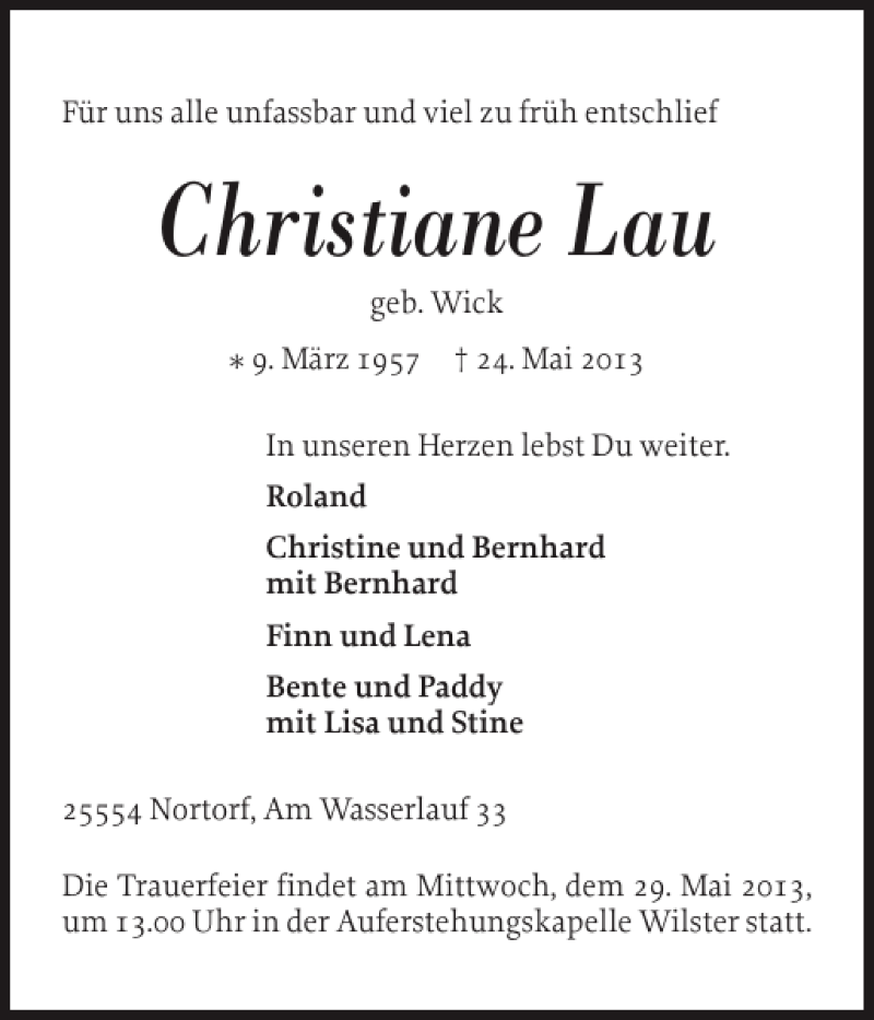  Traueranzeige für Christiane Lau vom 27.05.2013 aus Norddeutsche Rundschau