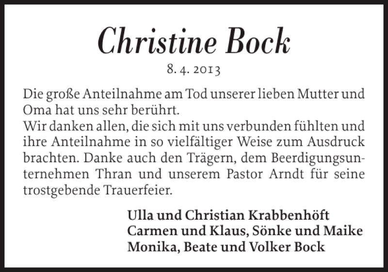  Traueranzeige für Christine Bock vom 04.05.2013 aus Flensburger Tageblatt