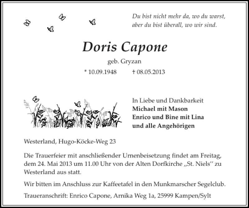 Traueranzeige für Doris Capone vom 18.05.2013 aus Sylter Rundschau