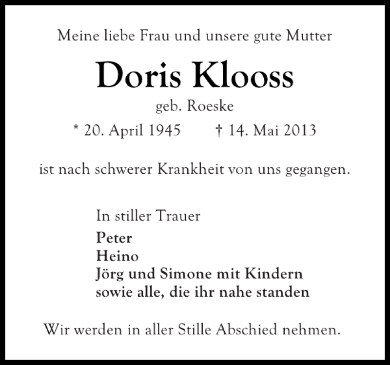  Traueranzeige für Doris Klooss vom 18.05.2013 aus Ostholsteiner Anzeiger