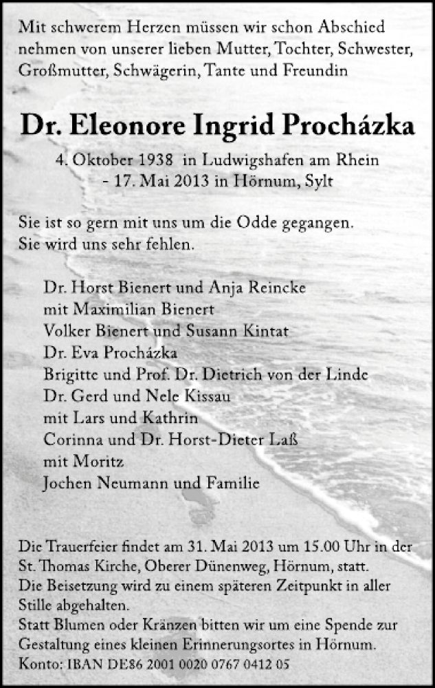  Traueranzeige für Dr. Eleonore Ingrid Prochazka vom 28.05.2013 aus Sylter Rundschau