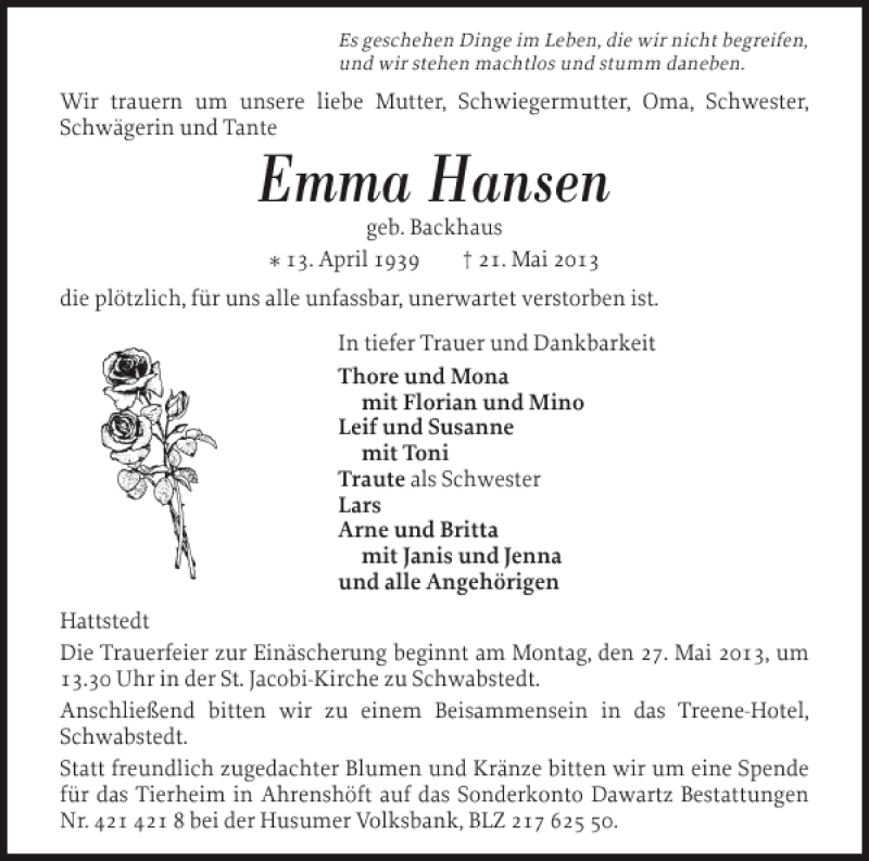  Traueranzeige für Emma Hansen vom 24.05.2013 aus Husumer Nachrichten