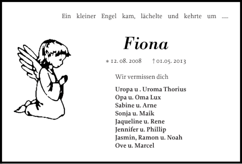  Traueranzeige für Fiona  vom 07.05.2013 aus Schlei-Bote