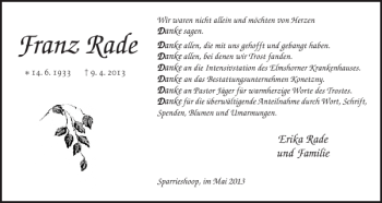 Traueranzeige von Franz Rade von Elmshorner Nachrichten