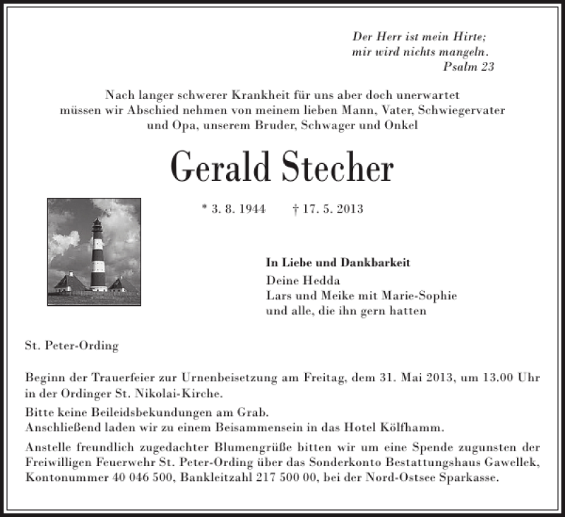  Traueranzeige für Gerald Stecher vom 25.05.2013 aus Husumer Nachrichten