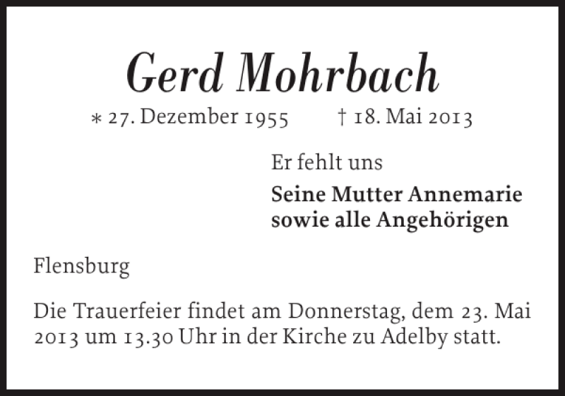  Traueranzeige für Gerd Mohrbach vom 22.05.2013 aus Flensburger Tageblatt