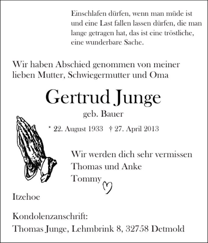  Traueranzeige für Gertrud Junge vom 04.05.2013 aus Norddeutsche Rundschau