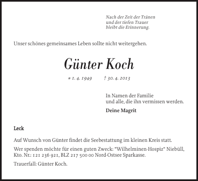  Traueranzeige für Günter Koch vom 04.05.2013 aus Nordfriesland Tageblatt