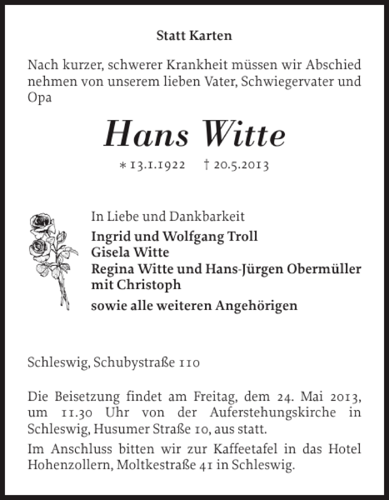  Traueranzeige für Hans Witte vom 23.05.2013 aus Schleswiger Nachrichten