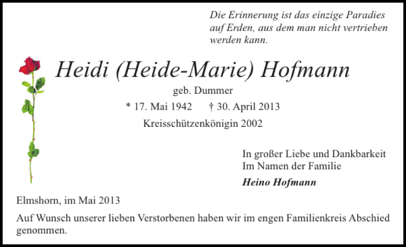 Traueranzeige für Heidi Heide-Marie Hofmann vom 11.05.2013 aus Elmshorner Nachrichten