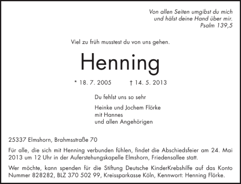  Traueranzeige für Henning  vom 18.05.2013 aus Elmshorner Nachrichten