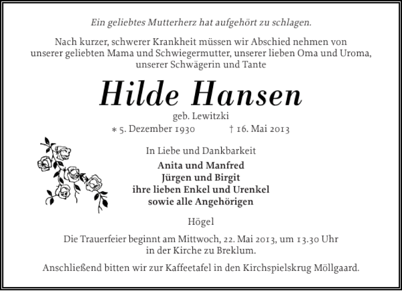  Traueranzeige für Hilde Hansen vom 18.05.2013 aus Husumer Nachrichten
