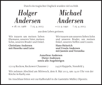 Traueranzeige von Holger Michael und Andersen Andersen von Schlei-Bote