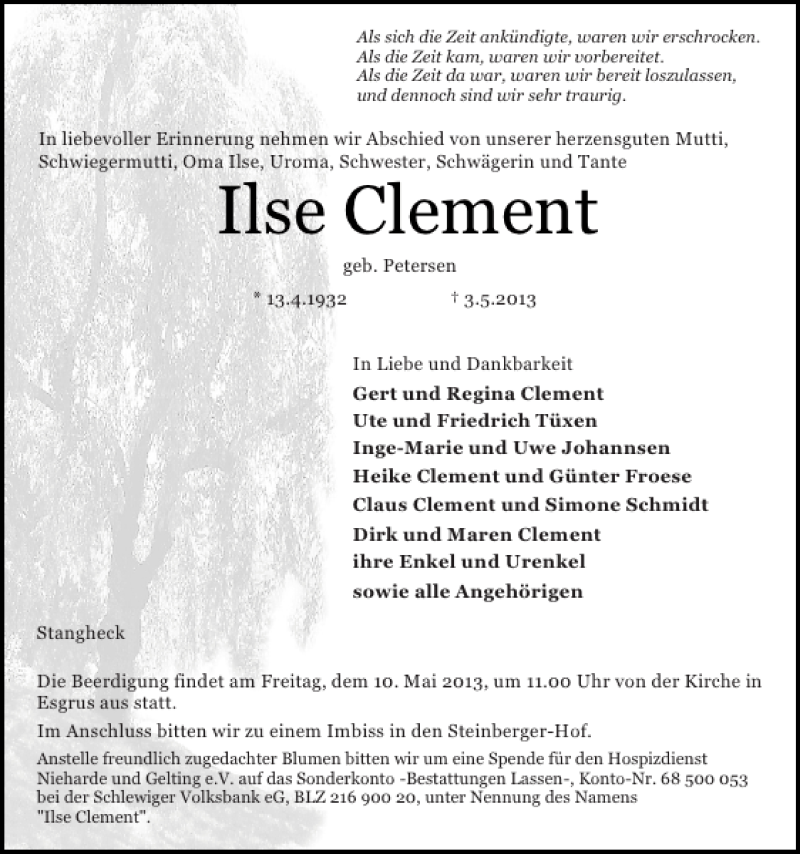  Traueranzeige für Ilse Clement vom 06.05.2013 aus Flensburger Tageblatt
