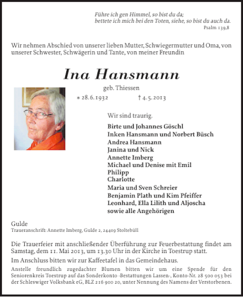  Traueranzeige für Ina Hansmann vom 07.05.2013 aus Schlei-Bote