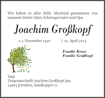 Traueranzeige von Joachim Großkopf von Flensburger Tageblatt