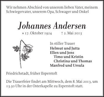 Traueranzeige von Johannes Andersen von Schleswiger Nachrichten