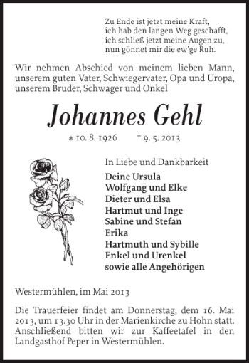 Traueranzeige von Johannes Gehl von Landeszeitung
